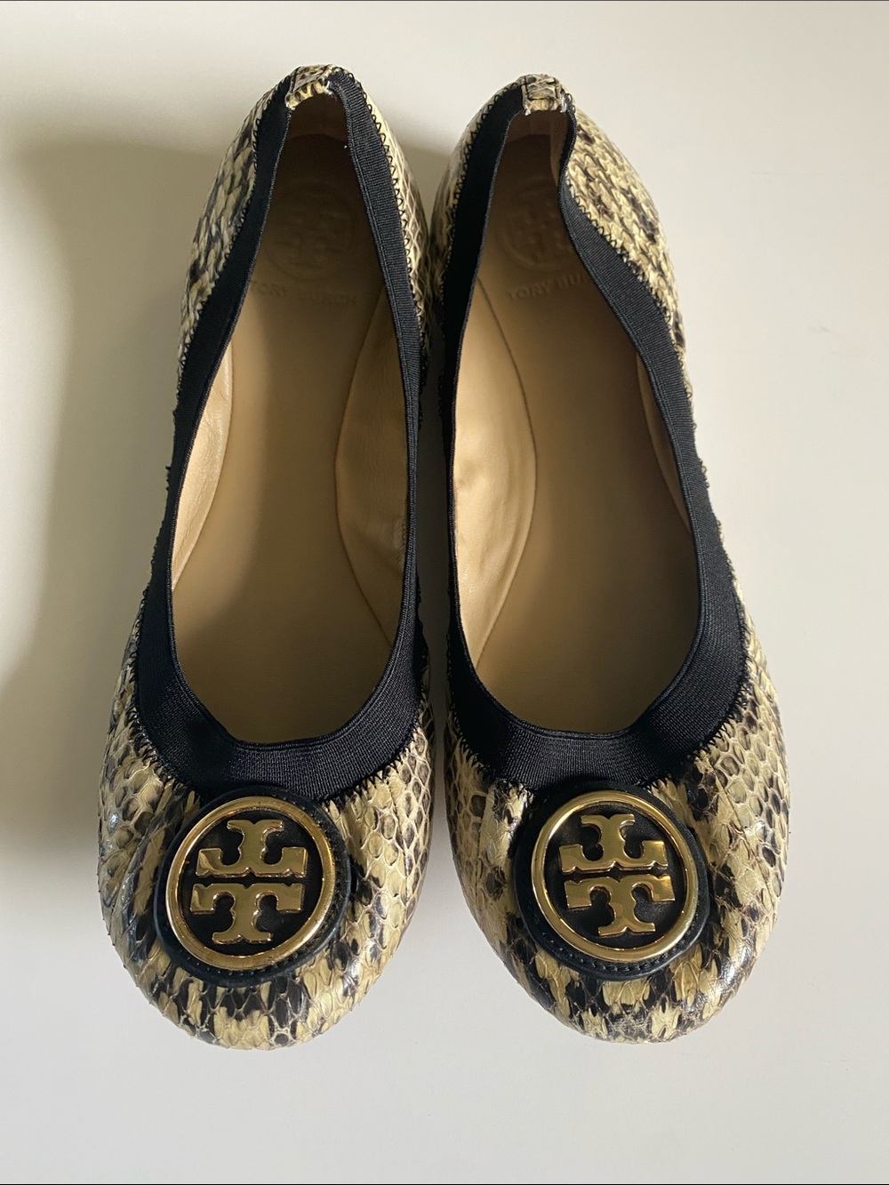 Tory Burch Snake-Embossed Gold and Black Logo Ballet Flats